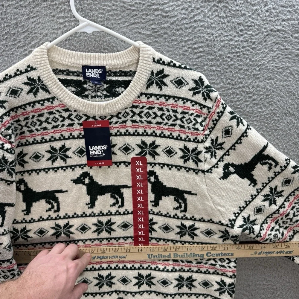 Lands End Sweater Adult XL Multicolor Fair Isle Knit Crewneck‎ Geometric Dog NEW